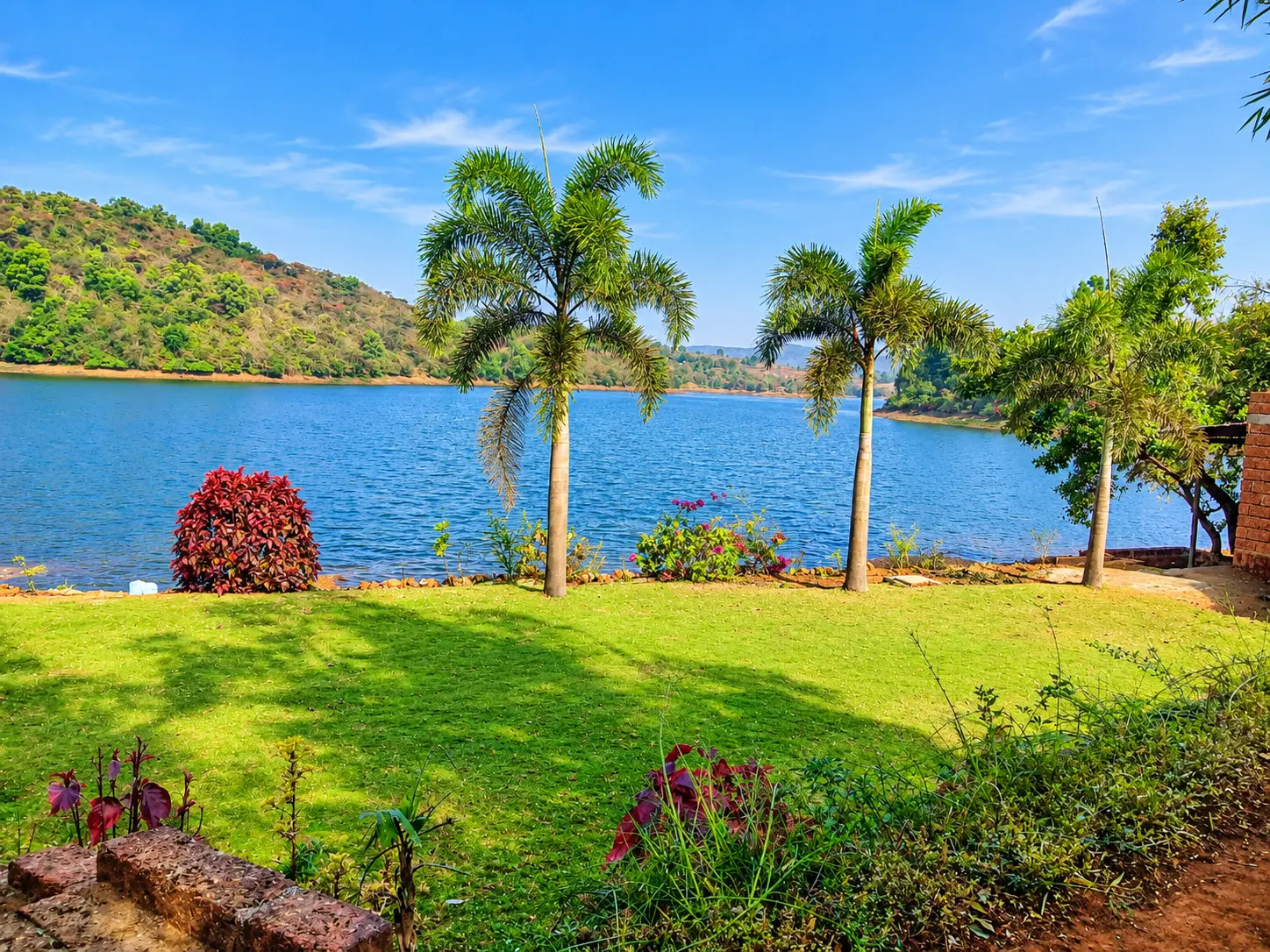 Lawn with palm trees and lake view at Viva Andur